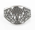 Vintage Yogya 800 silver cuff bangle angled view showing pierced peacock and scrolling foliate openwork with dark patination