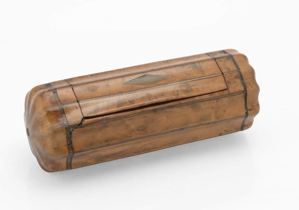 Antique burr walnut barrel snuff box with lid open, showing lined interior and fluted body
