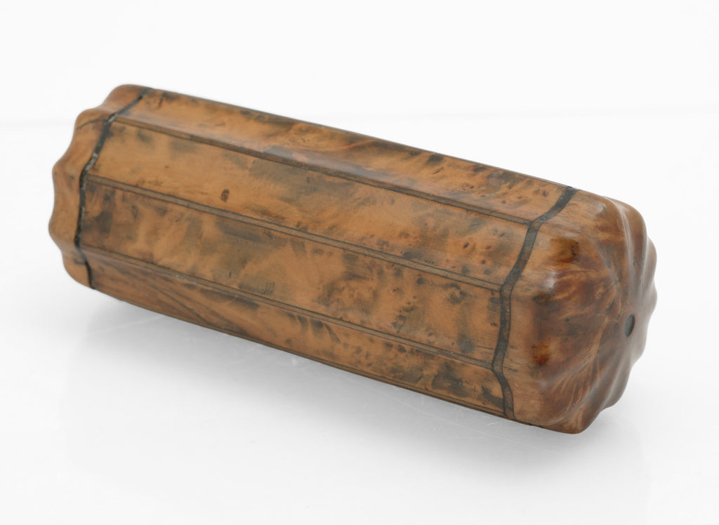 Rear view of antique burr walnut barrel snuff box showing fluted body, contrasting wood stringing and end caps