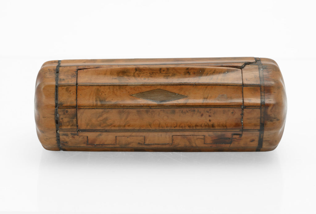 Open antique burr walnut barrel snuff box showing jigsaw hinge and lined interior