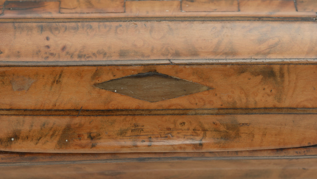 Top view of antique burr walnut barrel snuff box showing fluted lid, stringing and brass diamond inlay