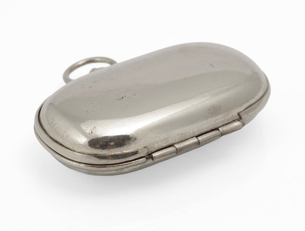 Open silver plated sovereign case showing full and half sovereign compartments and working catch