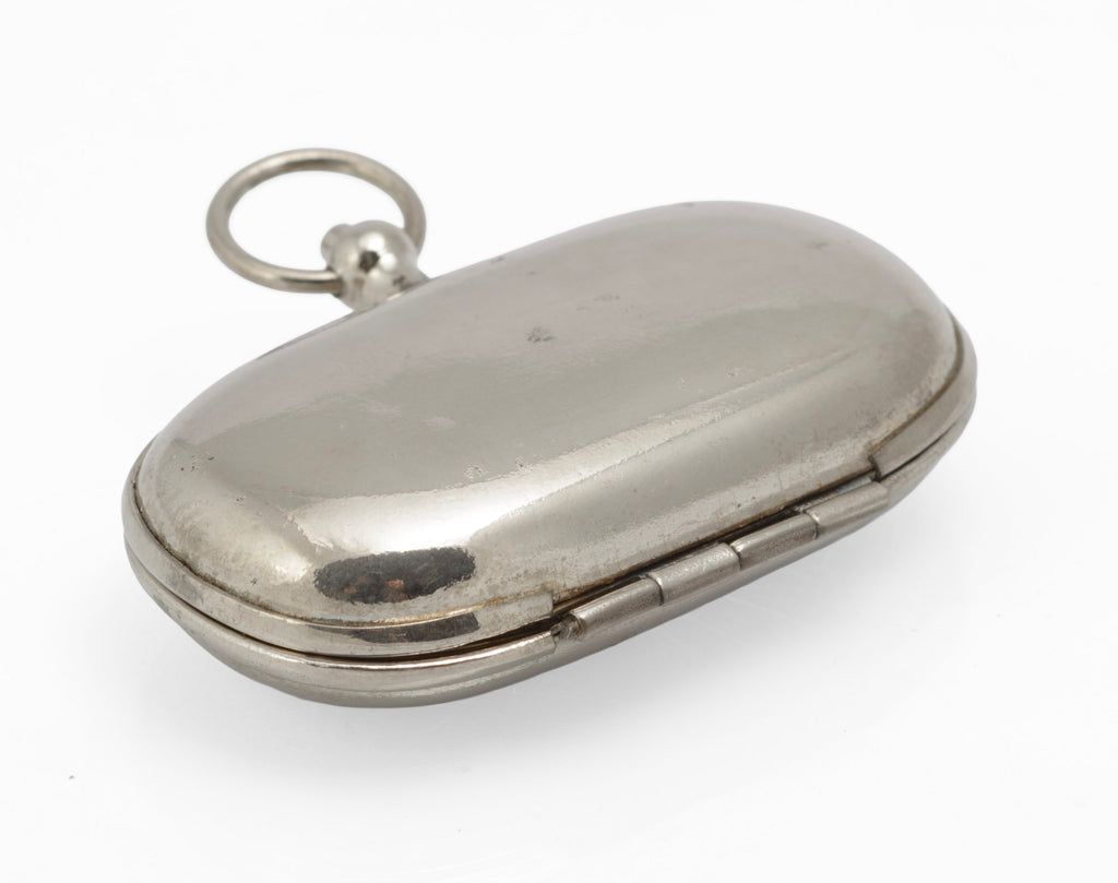 Antique silver plated double sovereign holder open with two coin compartments and suspension ring