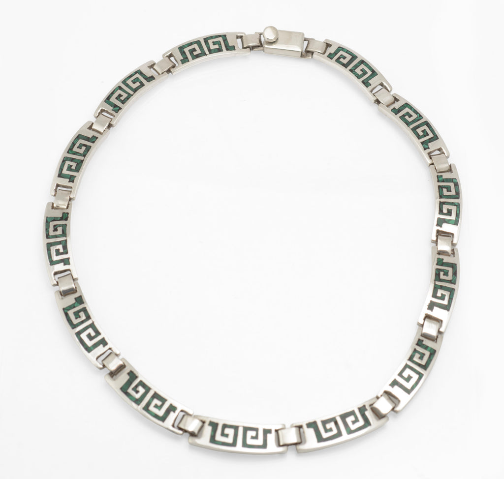Vintage Mexican sterling silver choker necklace, articulated rectangular links with Greek key inlaid decoration
