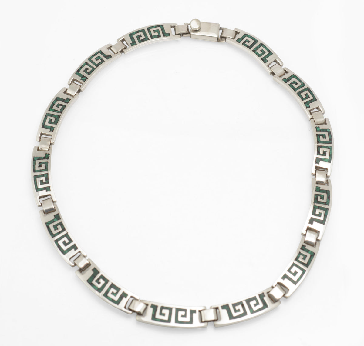 Vintage Mexican sterling silver choker necklace, articulated rectangular links with Greek key inlaid decoration
