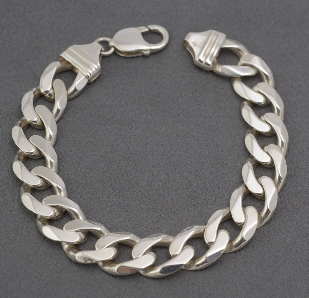 Italian sterling silver flat curb link bracelet, 21cm, broad polished links with Italy and 925 marks - full view