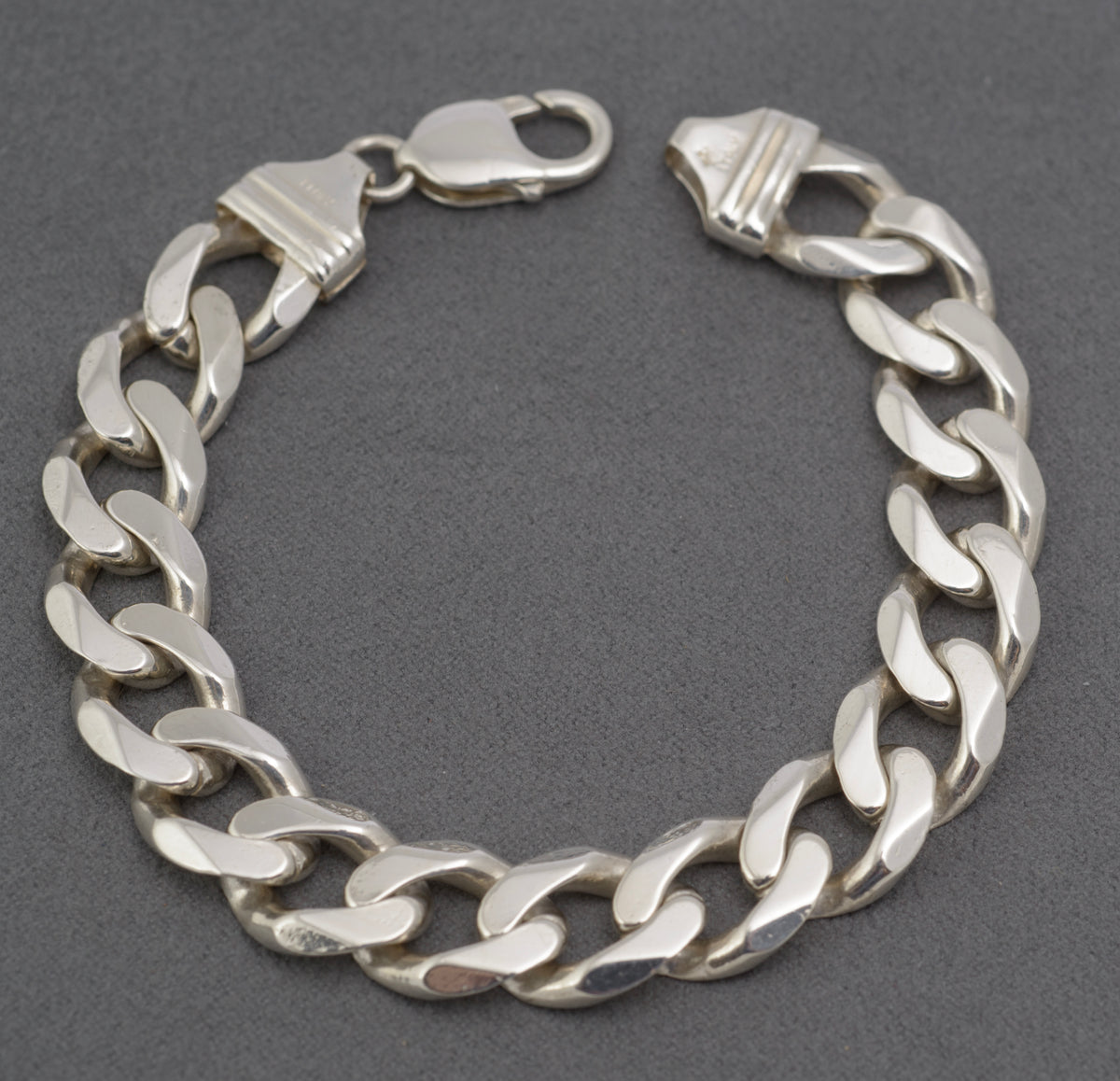 Italian sterling silver flat curb link bracelet, 21cm, broad polished links with Italy and 925 marks - full view