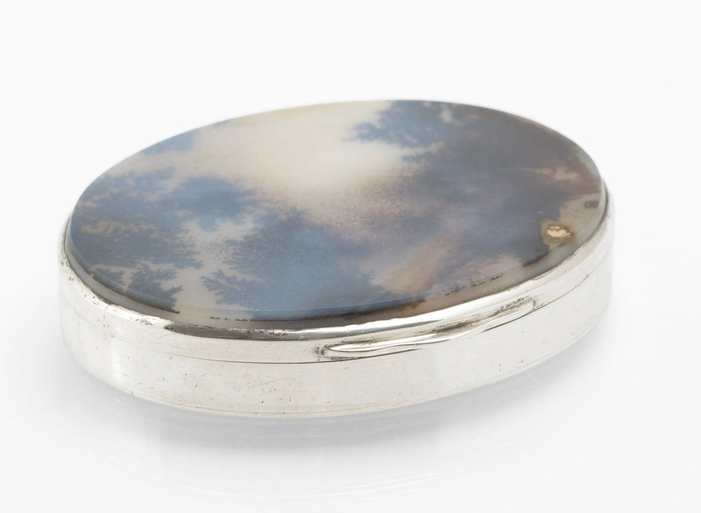 Antique sterling silver oval box with natural moss agate cabochon lid shown open with gilt washed interior