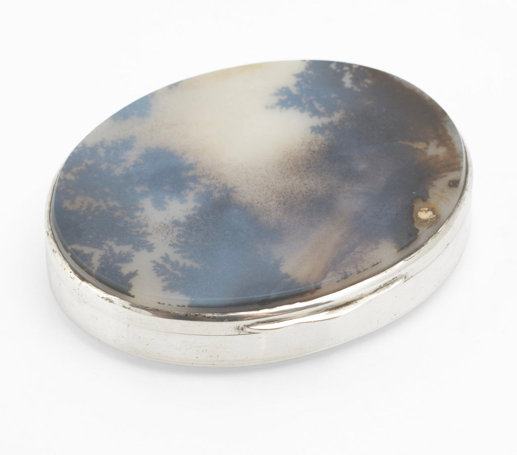 Antique sterling silver oval box with natural moss agate cabochon showing dark dendritic inclusions