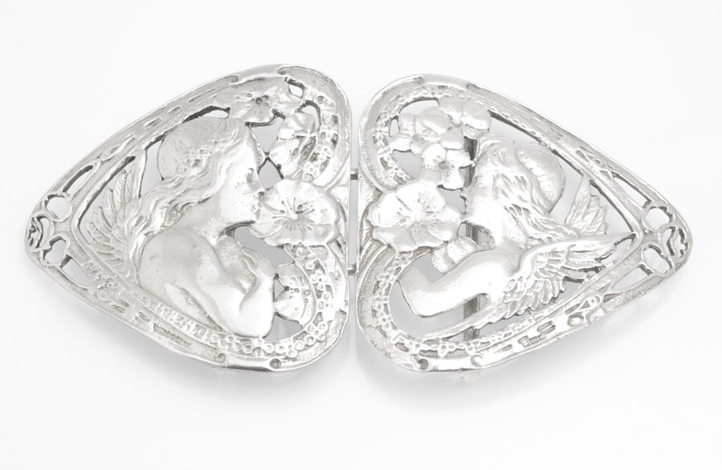Reverse view of the joined vintage sterling silver nurses style belt buckle showing the belt fittings