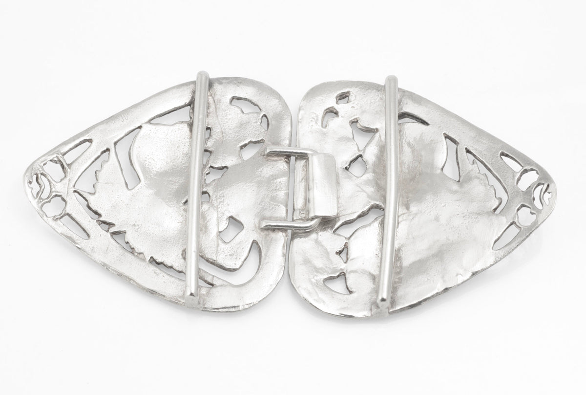 Vintage sterling silver nurses style belt buckle shown as two separate halves from the front