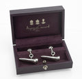 Vintage Asprey and Garrard sterling silver golf tee cufflinks displayed in their original fitted purple box