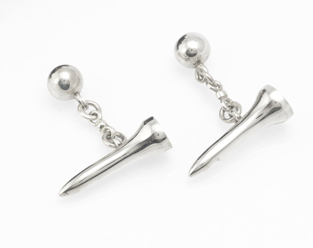 Reverse view of vintage sterling silver golf tee cufflinks showing the ball form backs and chain links