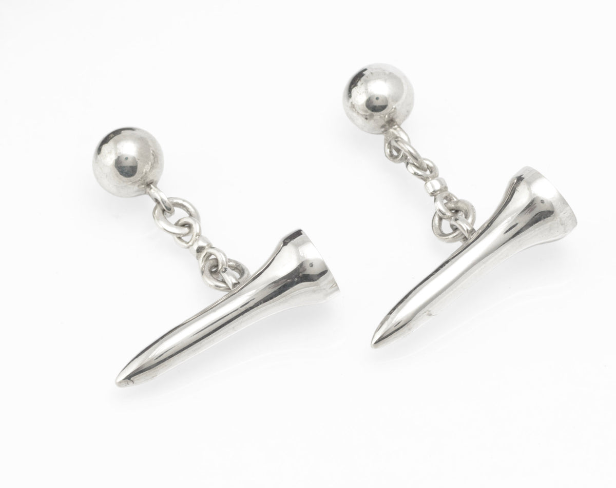 Reverse view of vintage sterling silver golf tee cufflinks showing the ball form backs and chain links