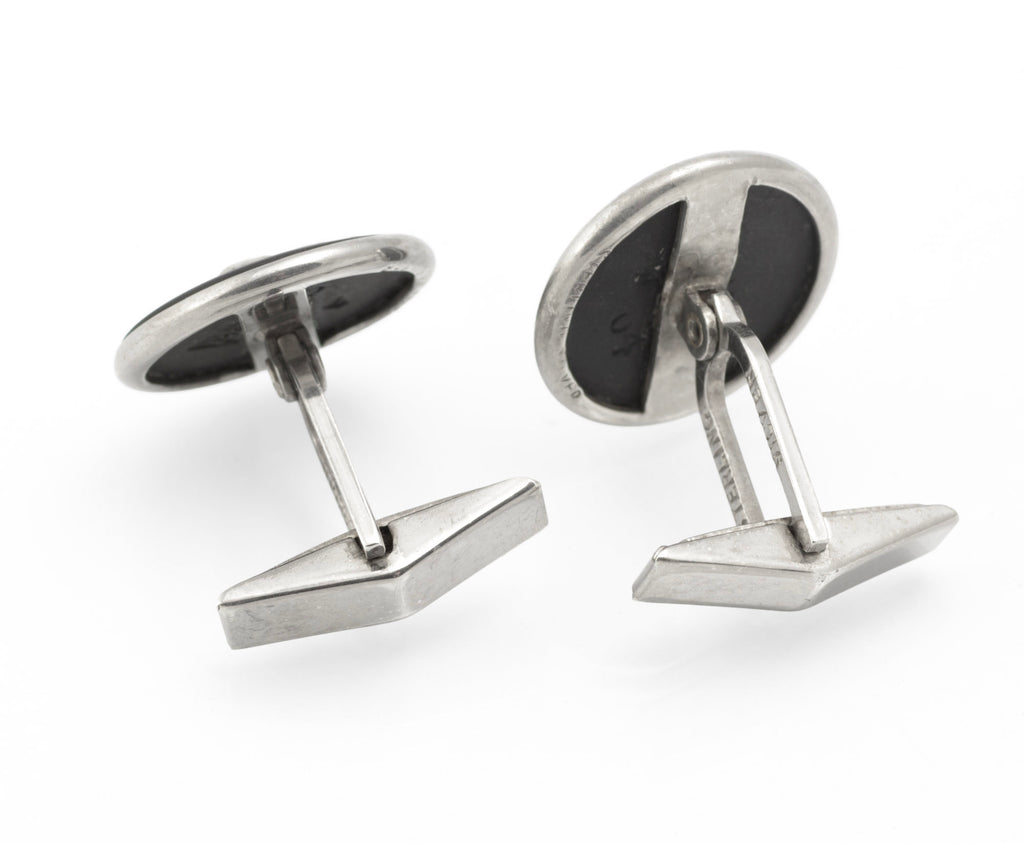 Vintage Wedgwood black jasperware horse cufflinks in sterling silver shown as a pair