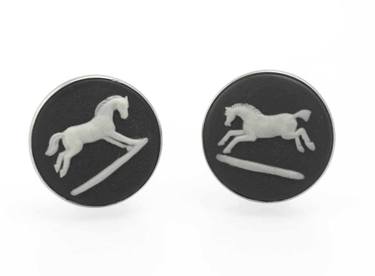 Reverse view of vintage Wedgwood black jasperware horse cufflinks showing sterling silver fittings and rotating toggles