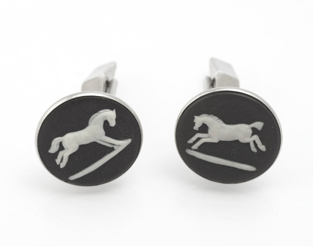 Vintage Wedgwood black jasperware horse cufflinks showing articulated heads and sterling silver posts