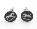 Vintage Wedgwood black jasperware horse cufflinks showing articulated heads and sterling silver posts