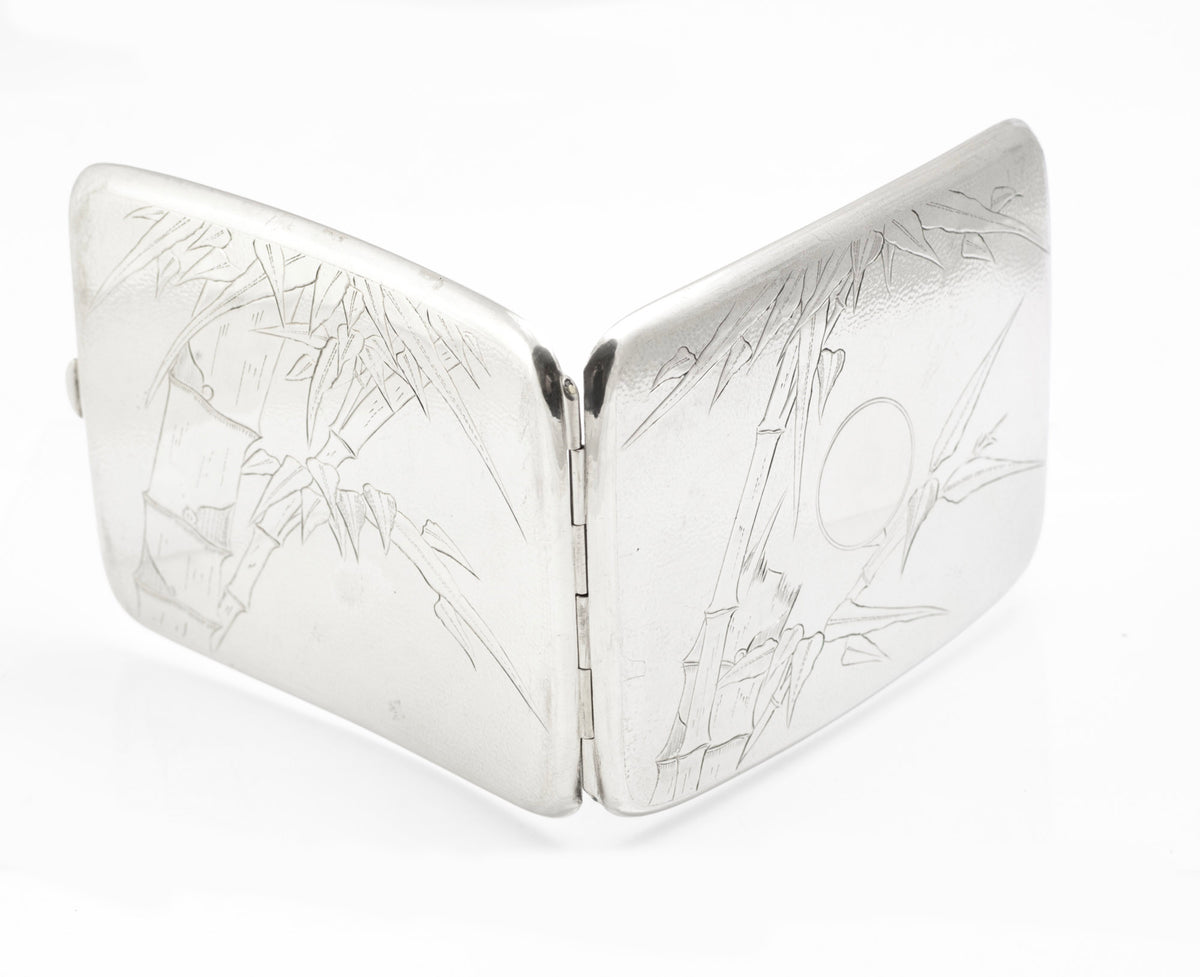 Antique Chinese Export Sterling Silver Cigarette Case - C.J.Co Shanghai - Engraved Bamboo - c.1920 - C3099