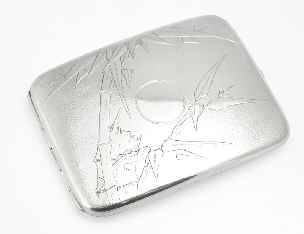 Antique Chinese export sterling silver cigarette case opened to show engraved bamboo on both outer faces