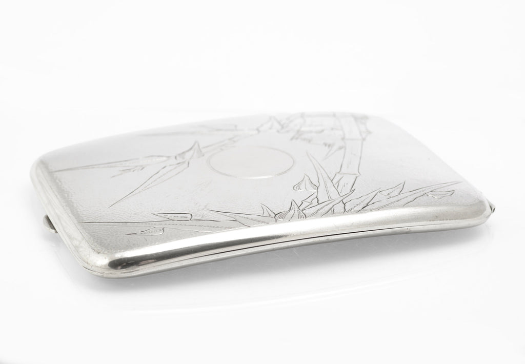 Antique Chinese export sterling silver cigarette case closed showing engraved bamboo on a stippled ground