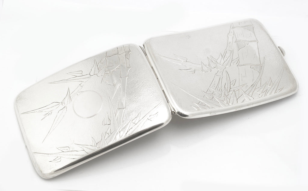 Antique Chinese export sterling silver cigarette case showing the bamboo decoration and circular reserve