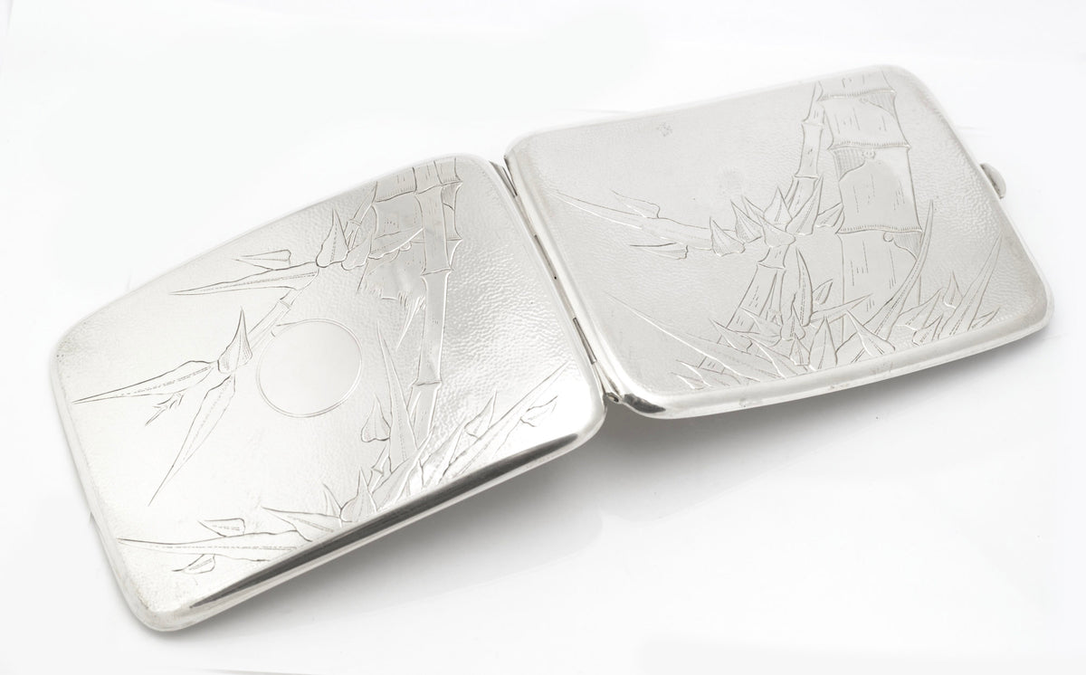 Antique Chinese export sterling silver cigarette case showing the bamboo decoration and circular reserve