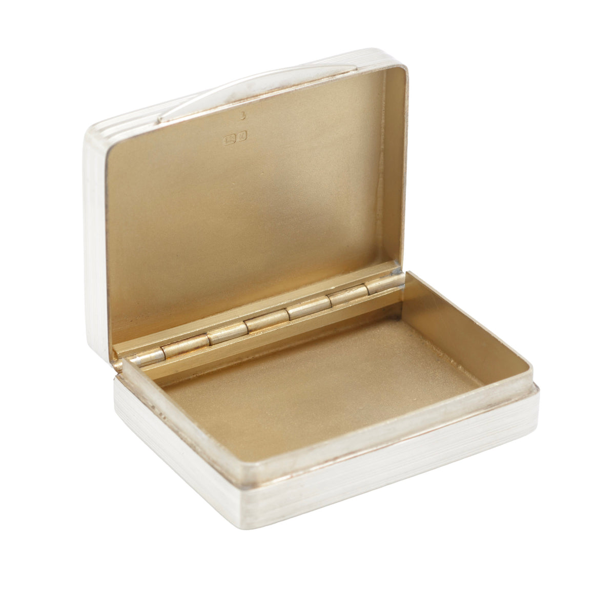 Alternate top view of a vintage sterling silver rectangular pill box with reeded decoration