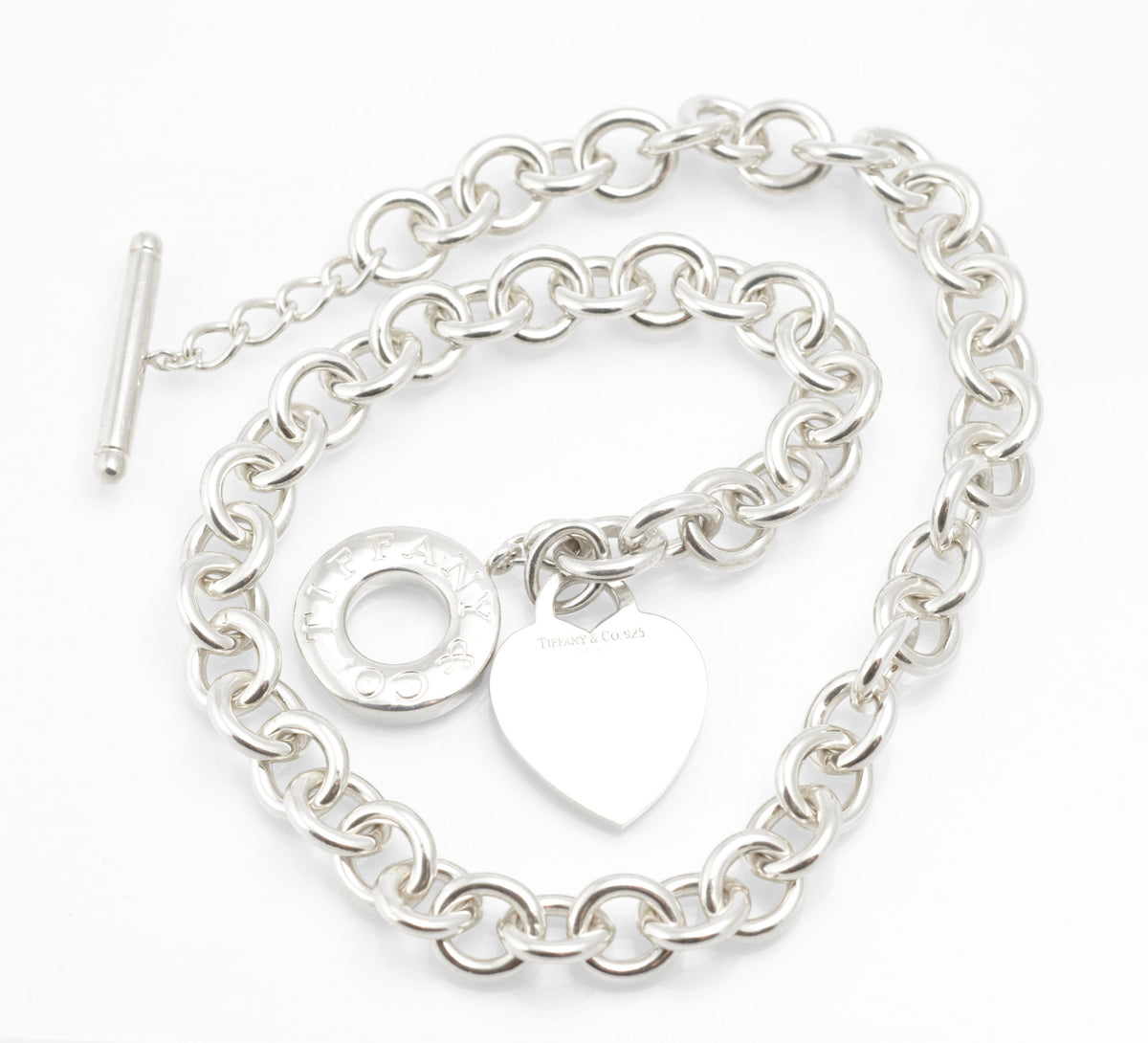 Alternate full view of vintage Tiffany and Co sterling silver Heart Tag necklace with circular links