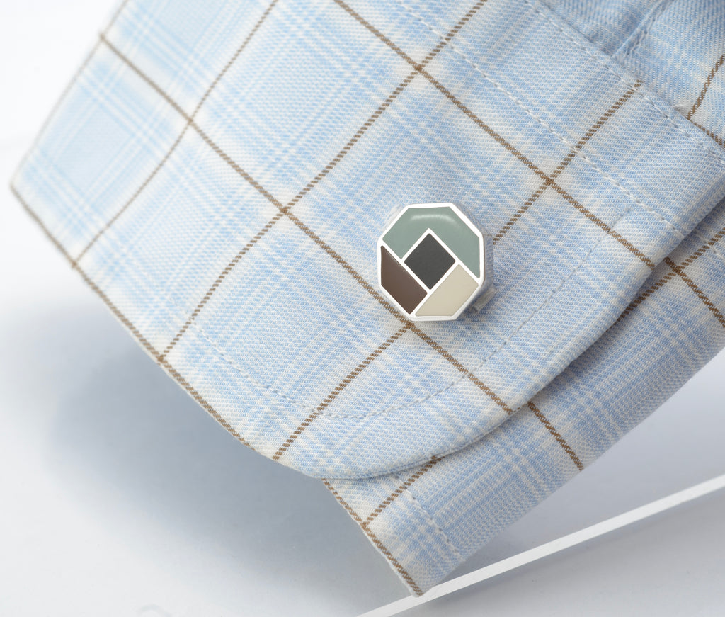 Vintage Prada sterling silver geometric enamel cufflinks shown as a pair from the front