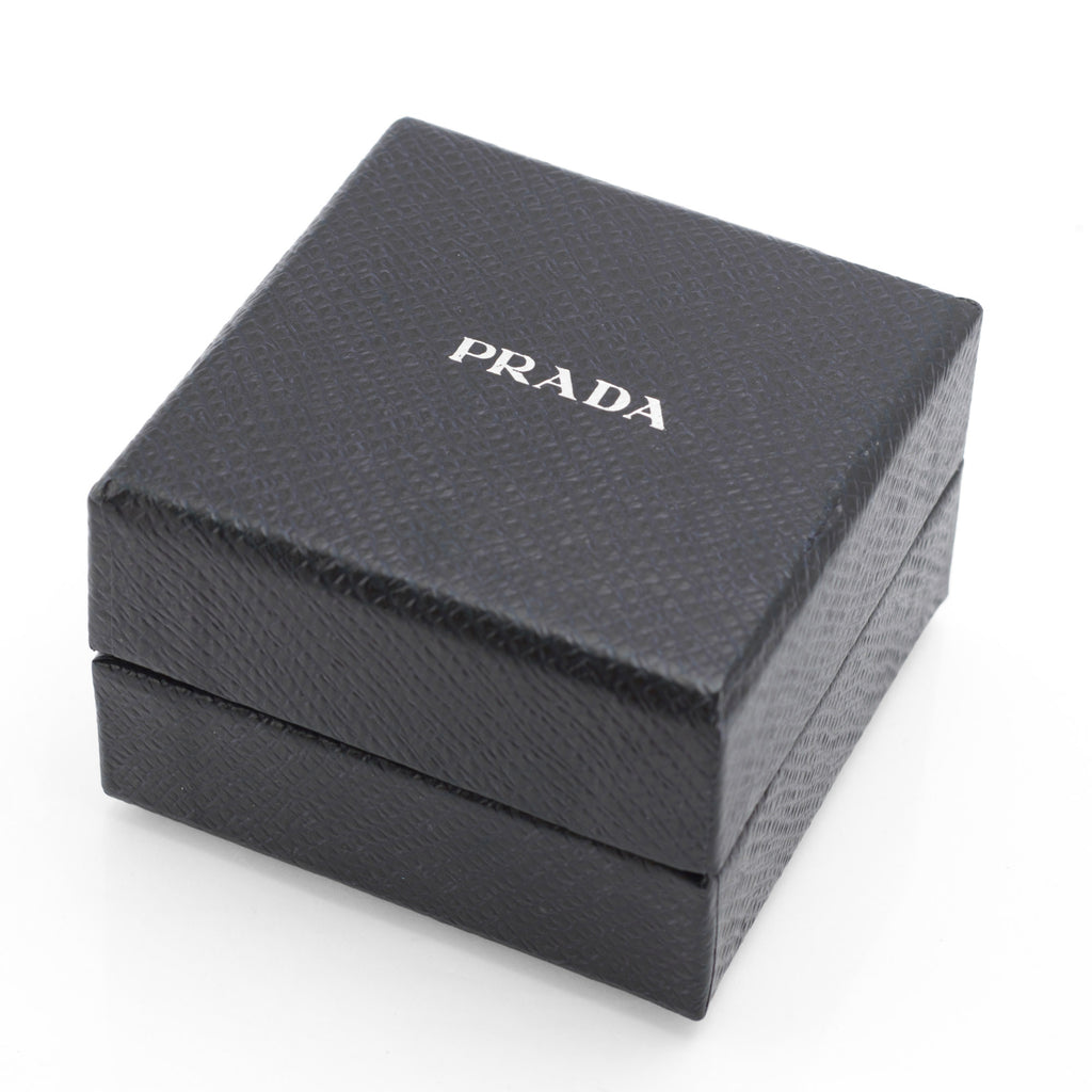Closed original black Prada presentation box for the vintage sterling silver enamel cufflinks