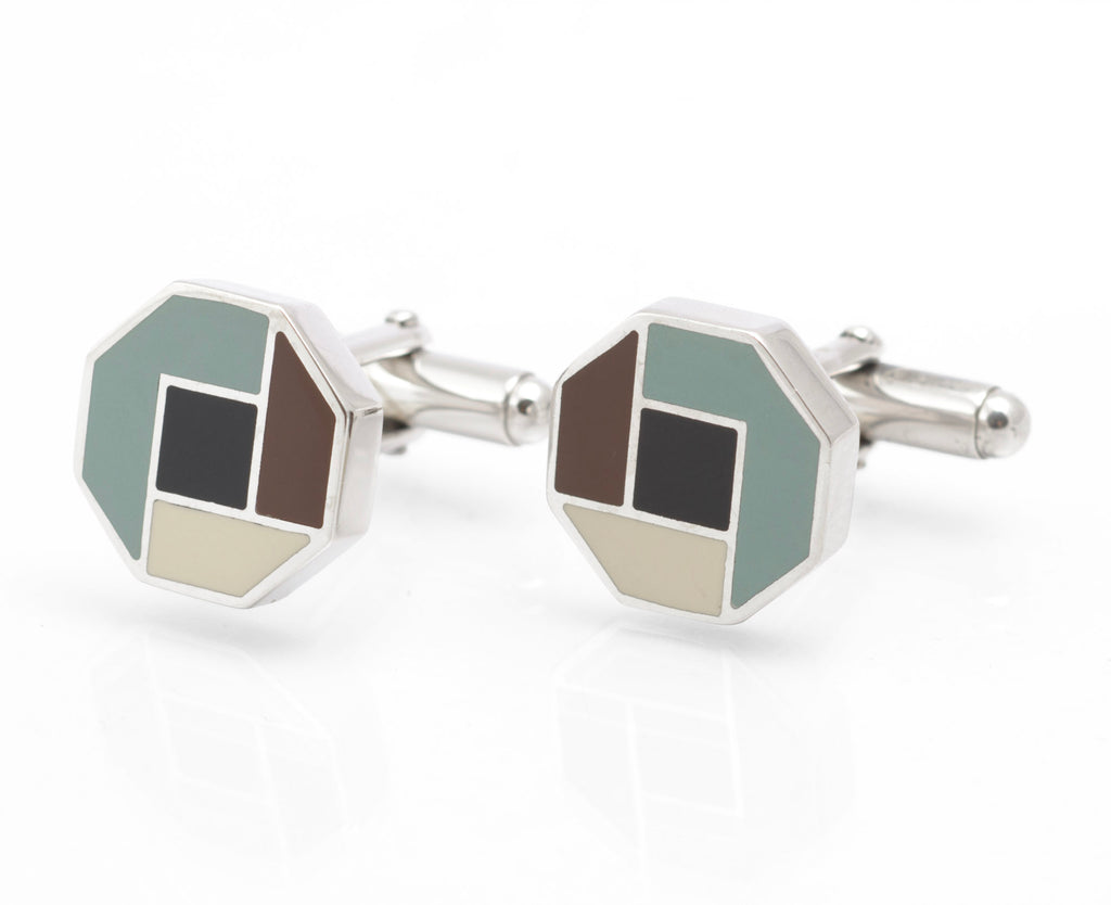 Reverse view of vintage Prada sterling silver cufflinks showing the rotating bar toggle backs