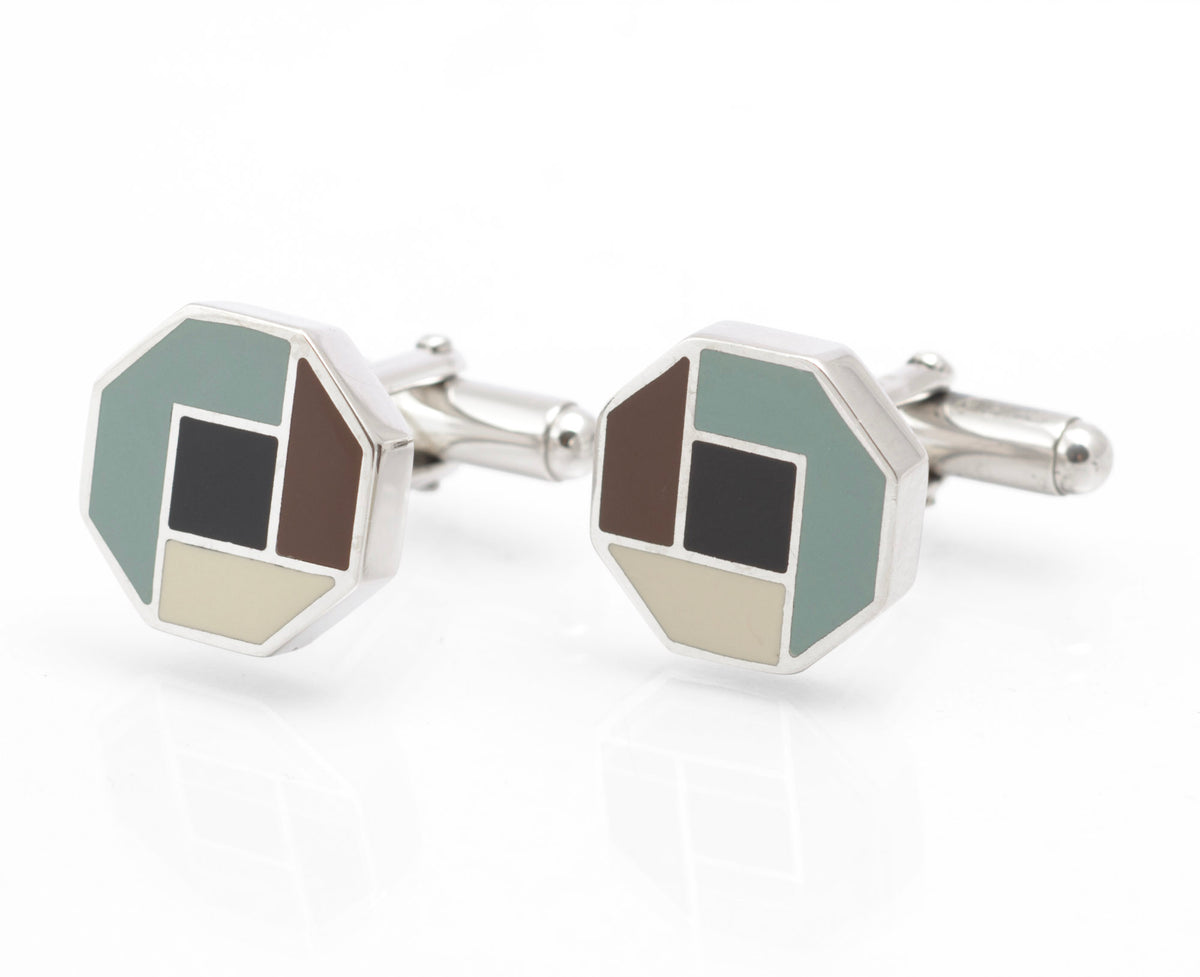 Reverse view of vintage Prada sterling silver cufflinks showing the rotating bar toggle backs