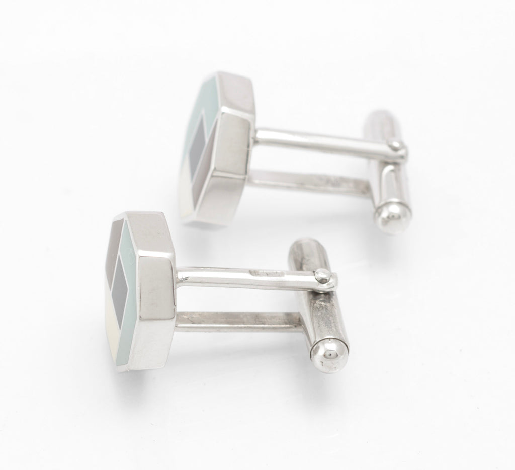 Side view of vintage Prada sterling silver geometric enamel cufflinks showing the substantial octagonal heads