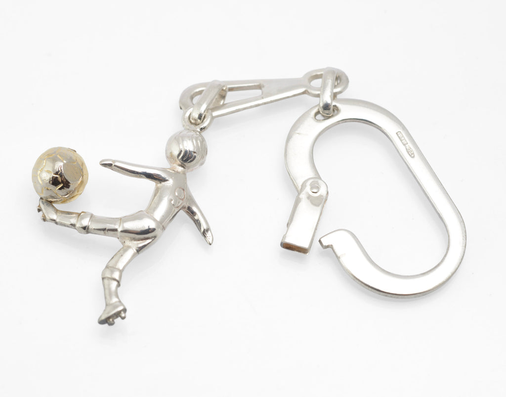 Vintage Italian sterling silver footballer keyring with gilt finished football and broad spring clip