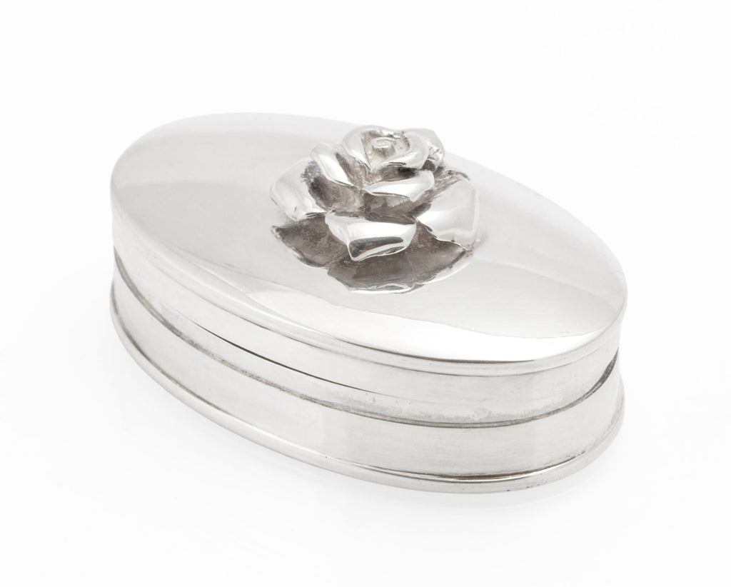 Sterling Silver Oval Pill Box with Rose Lid - Mark Houghton - Sheffield 2002 Golden Jubilee - C3109