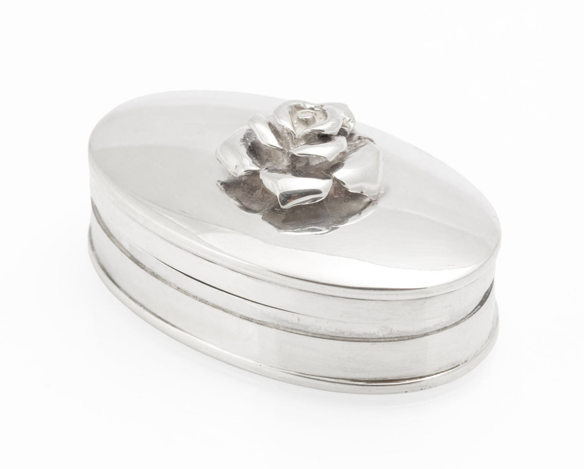 Sterling Silver Oval Pill Box with Rose Lid - Mark Houghton - Sheffield 2002 Golden Jubilee - C3109