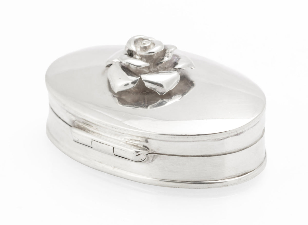 Sterling Silver Oval Pill Box with Rose Lid - Mark Houghton - Sheffield 2002 Golden Jubilee - C3109