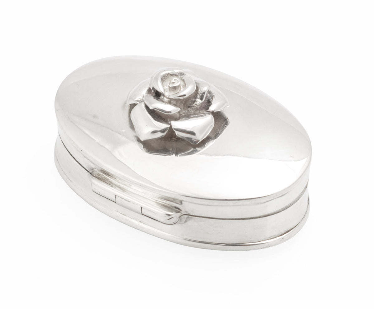 Sterling Silver Oval Pill Box with Rose Lid - Mark Houghton - Sheffield 2002 Golden Jubilee - C3109