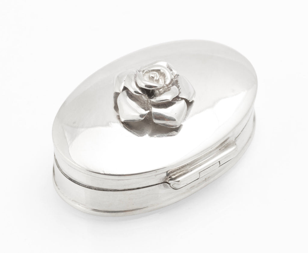 Sterling Silver Oval Pill Box with Rose Lid - Mark Houghton - Sheffield 2002 Golden Jubilee - C3109