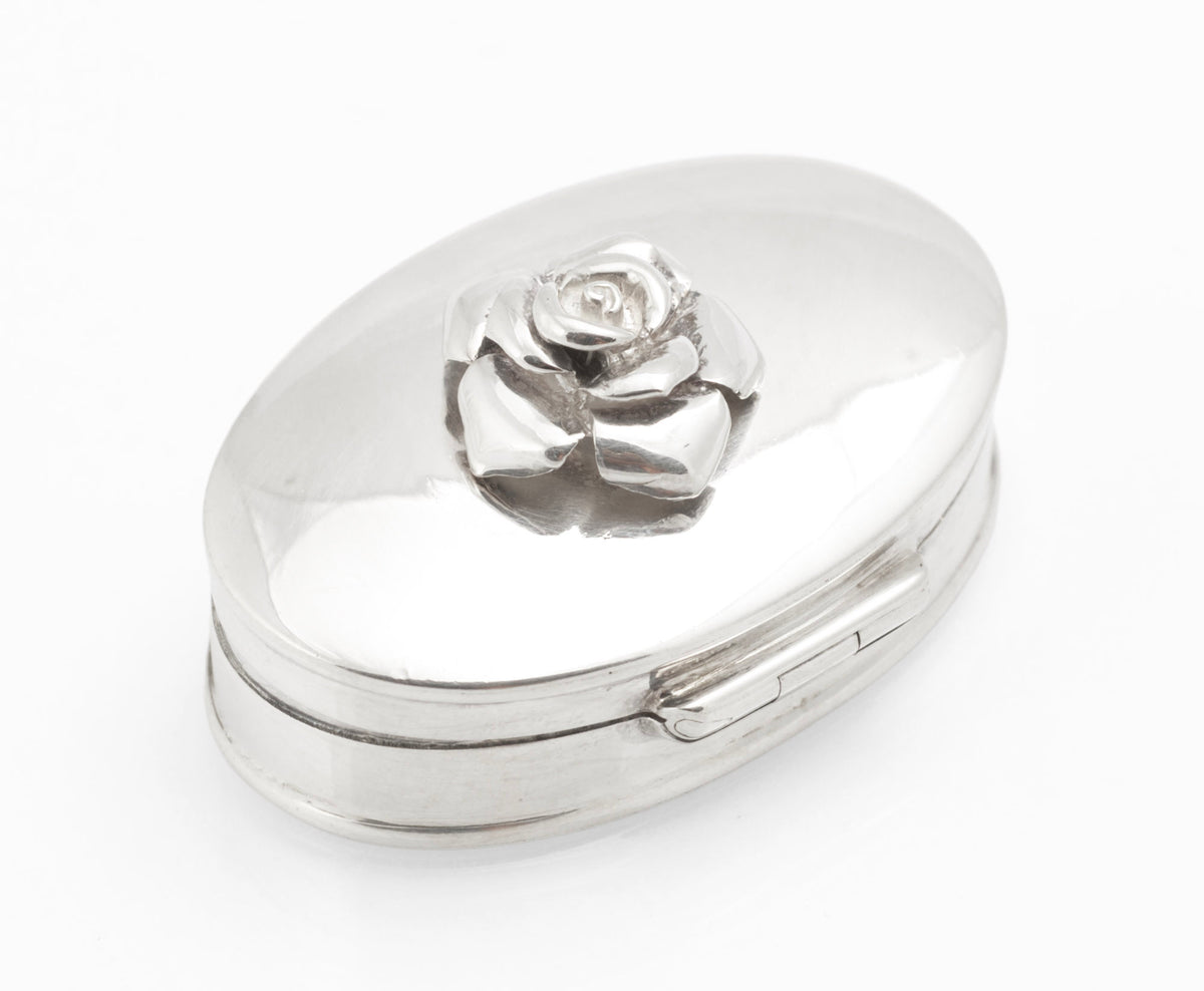 Sterling Silver Oval Pill Box with Rose Lid - Mark Houghton - Sheffield 2002 Golden Jubilee - C3109
