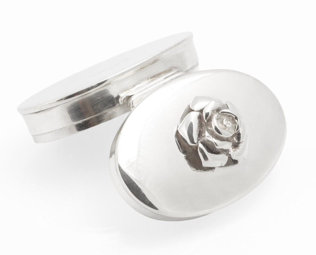 Sterling Silver Oval Pill Box with Rose Lid - Mark Houghton - Sheffield 2002 Golden Jubilee - C3109