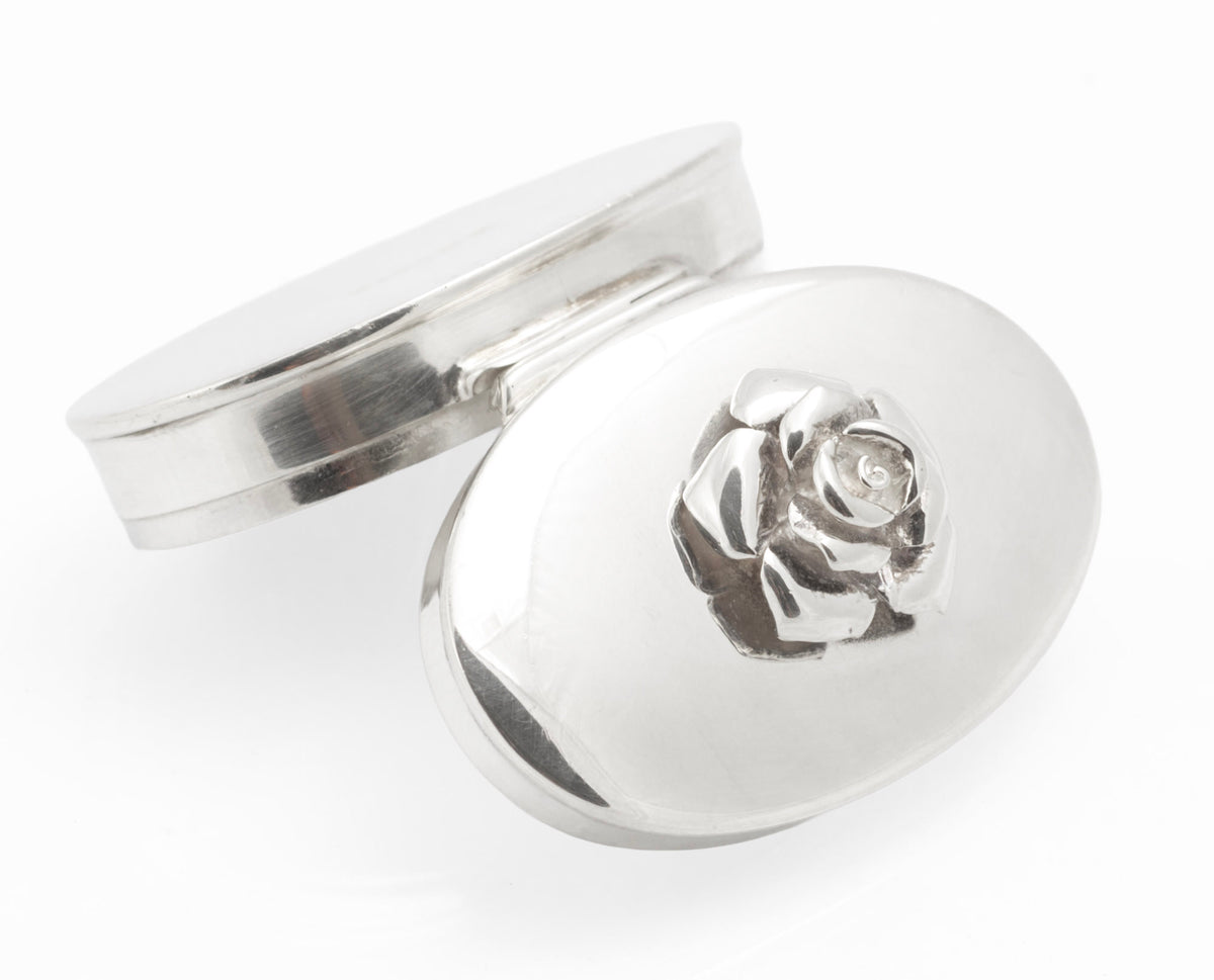 Sterling Silver Oval Pill Box with Rose Lid - Mark Houghton - Sheffield 2002 Golden Jubilee - C3109