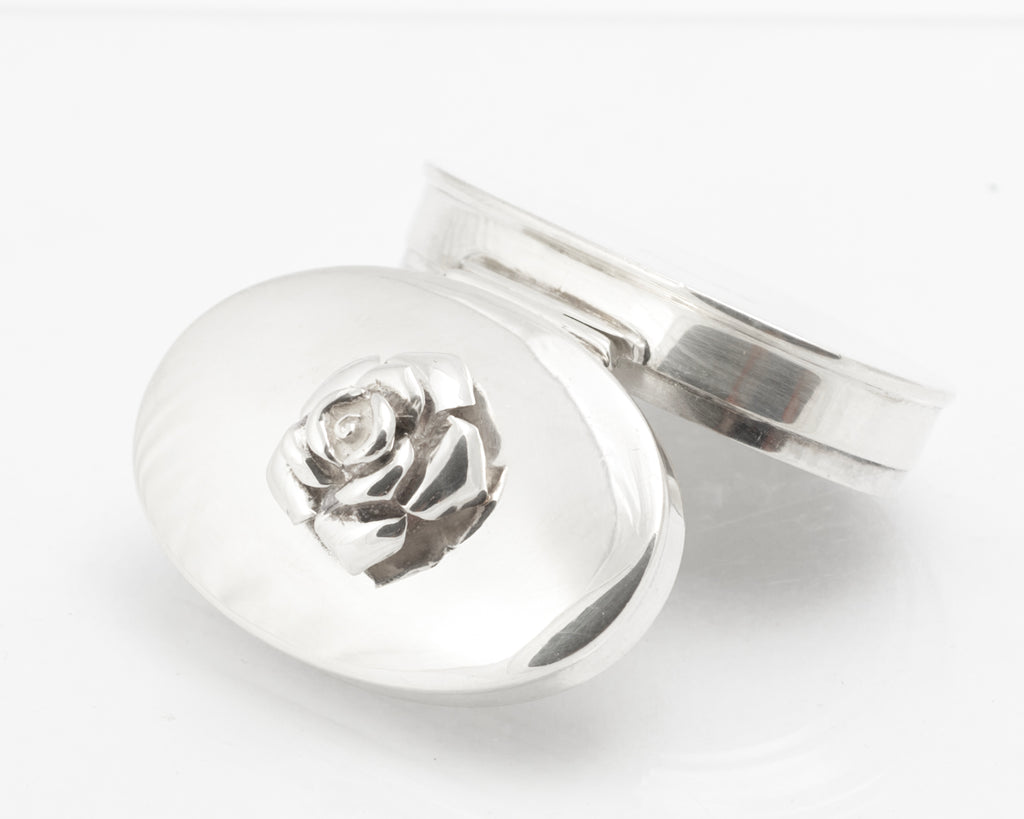 Sterling Silver Oval Pill Box with Rose Lid - Mark Houghton - Sheffield 2002 Golden Jubilee - C3109