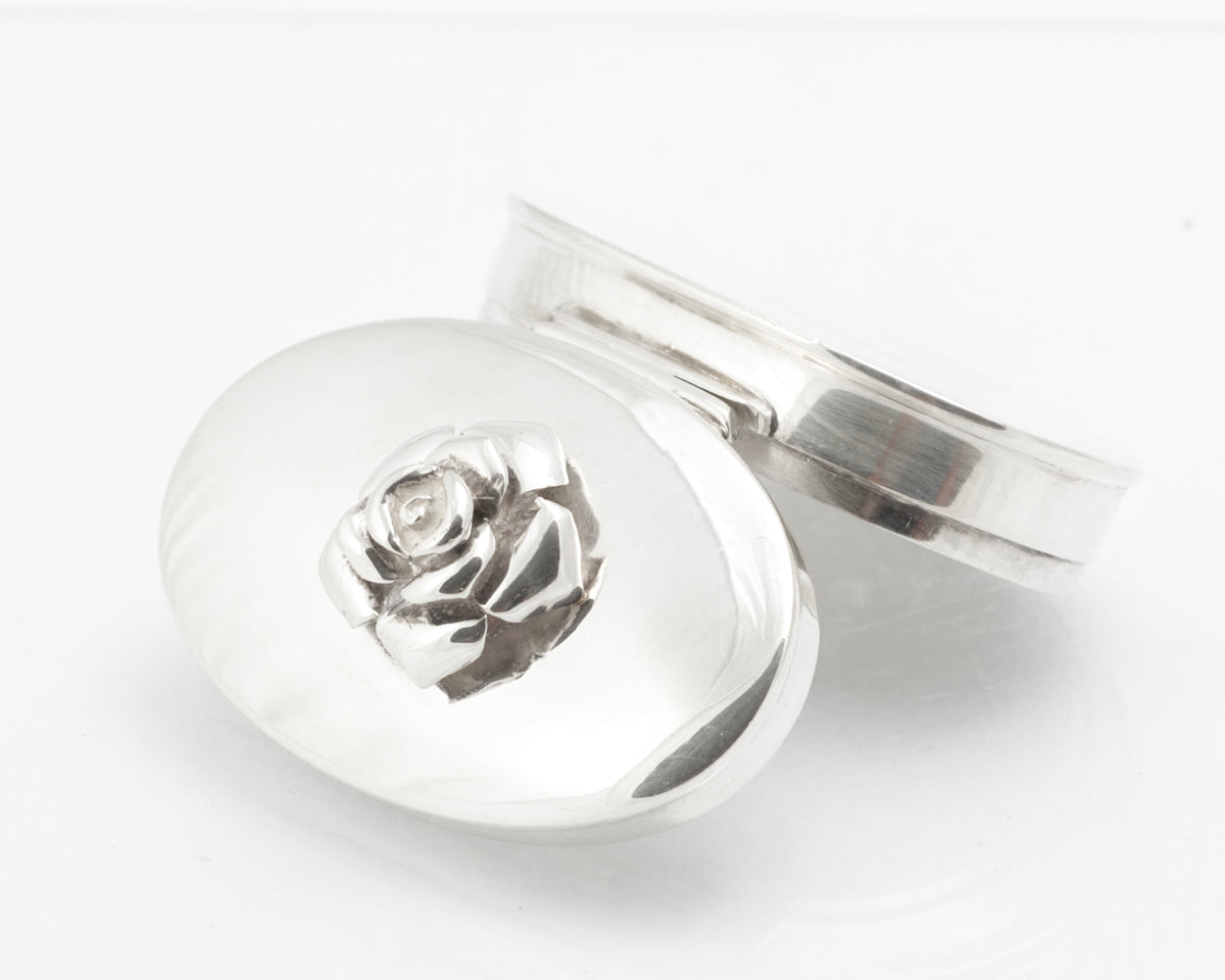 Sterling Silver Oval Pill Box with Rose Lid - Mark Houghton - Sheffield 2002 Golden Jubilee - C3109