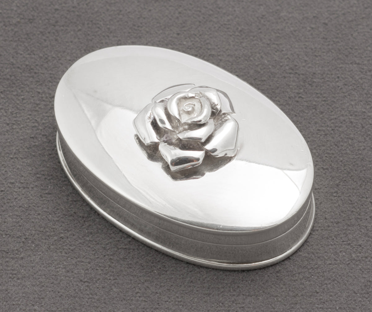 Open sterling silver oval trinket box showing hinge and polished interior - C3109