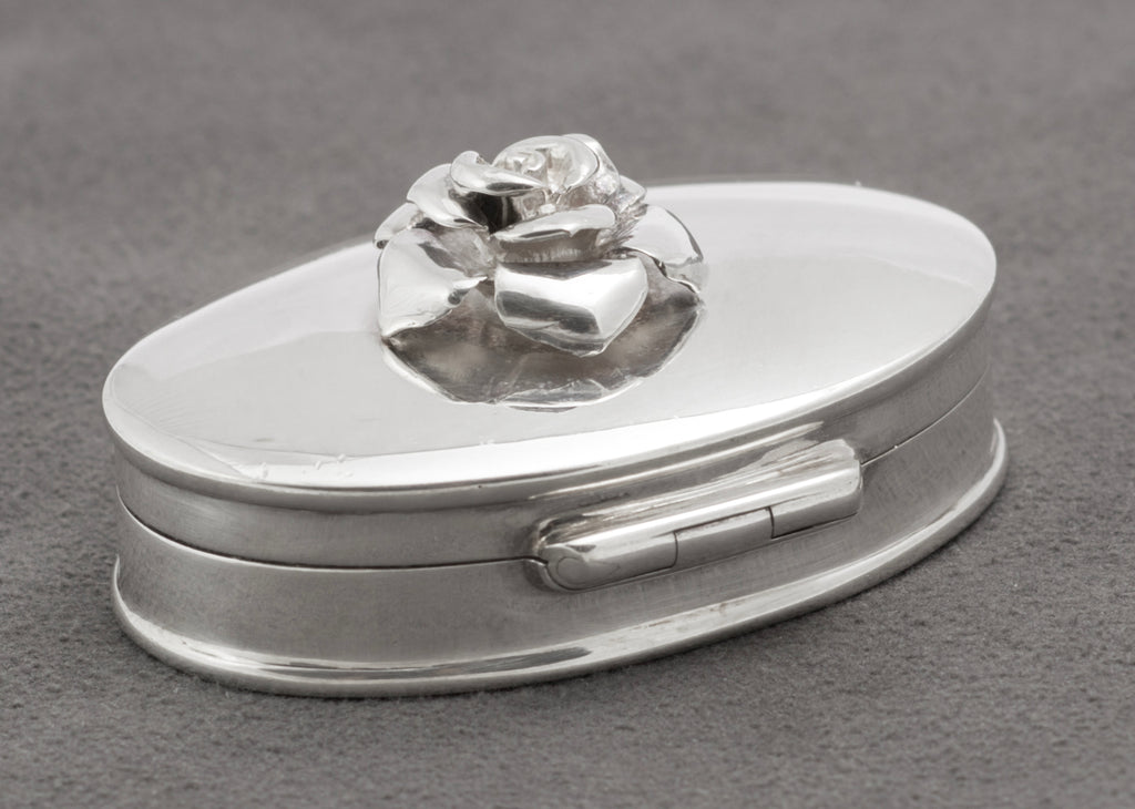 Sterling silver oval pill box with sculpted three dimensional rose on the lid - C3109
