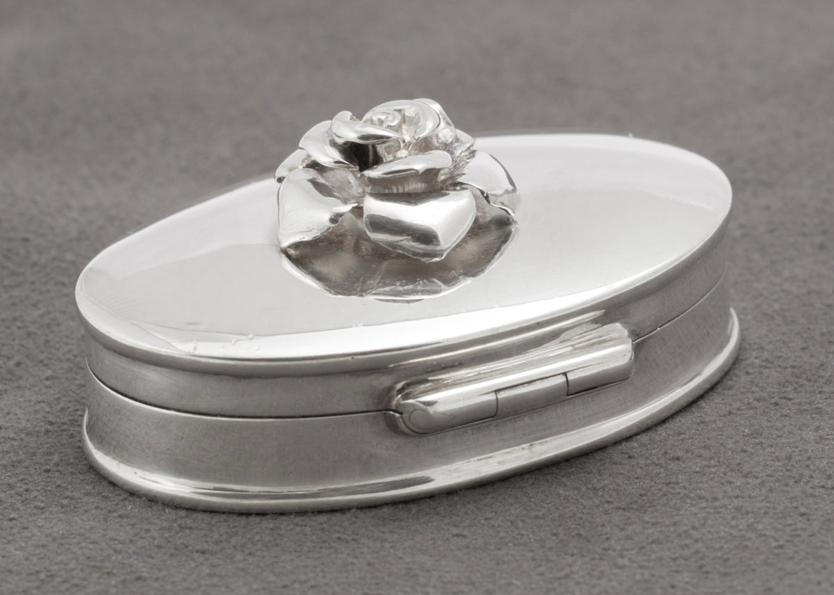 Sterling silver oval pill box with sculpted three dimensional rose on the lid - C3109