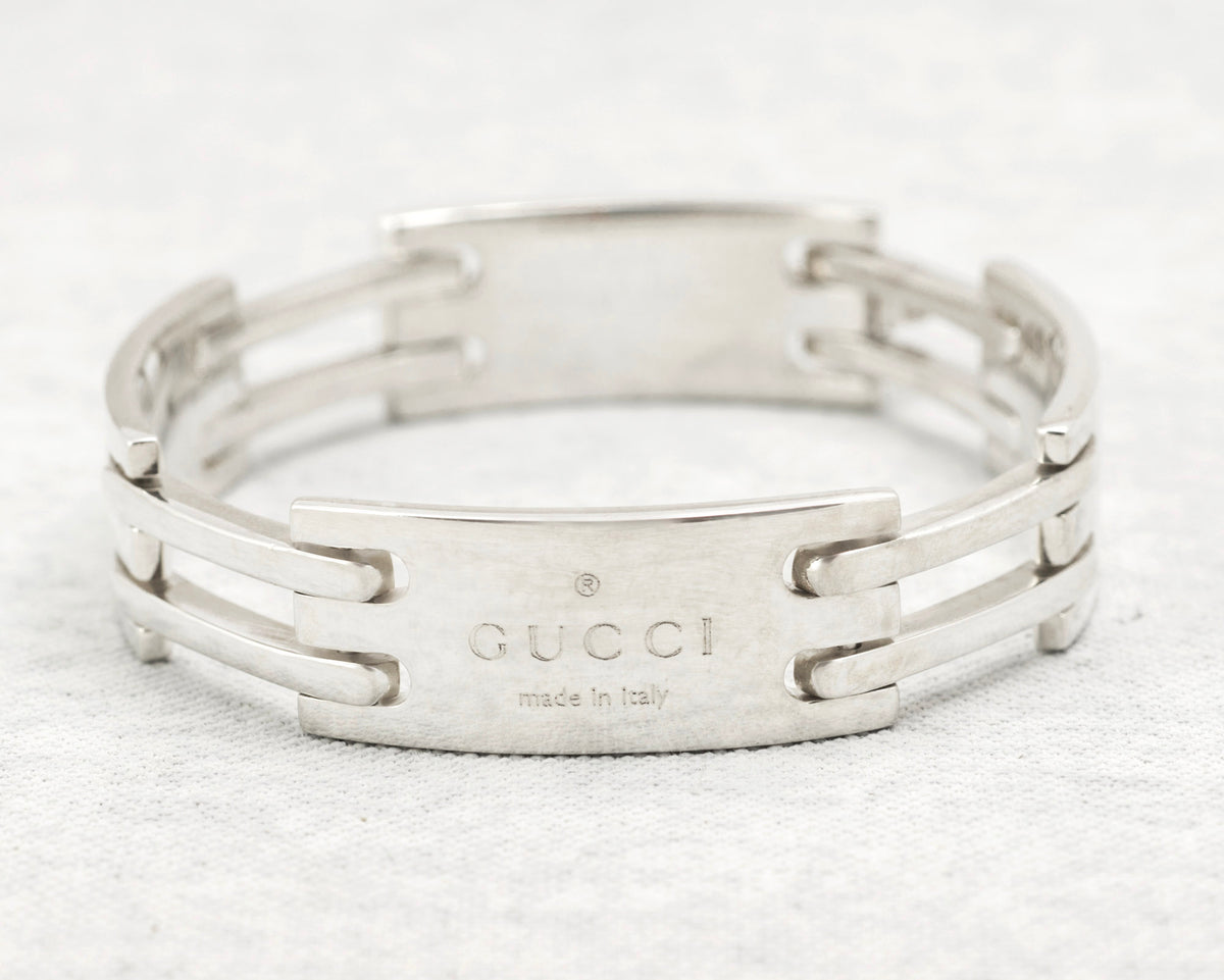 Vintage Gucci sterling silver Logo bracelet with curved panels and double bar links - C3112 view 9