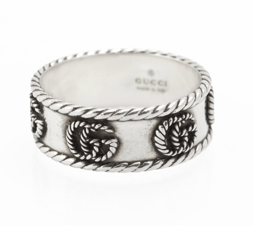 Vintage Gucci sterling silver GG rope twist wide band ring, UK size T - C3113 view 2